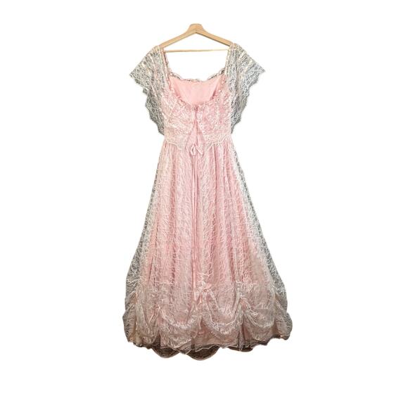 Vintage 80s Pale Pink Lace Off Shoulder Full Skirt Prom Dress Prairie Cottage - Picture 3 of 14